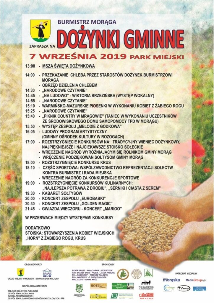 DZIŚ DOŻYNKI W GMINACH: OSTRÓDA, MORĄG, GRUNWALD, ŁUKTA I MAŁDYTY 6 Dożynki 2019 Plakat Kopiowanie