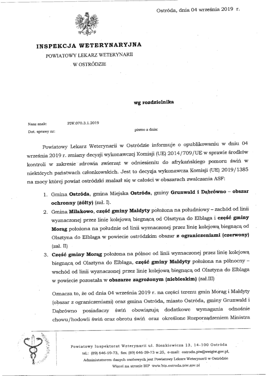 POWIAT OSTRÓDZKI W OBSZARZE ZWALCZANIA AFRYKAŃSKIEGO POMORU ŚWIŃ 2 Inspekcja Wterynaryjna Ostroda Strona 1 E1567753035375