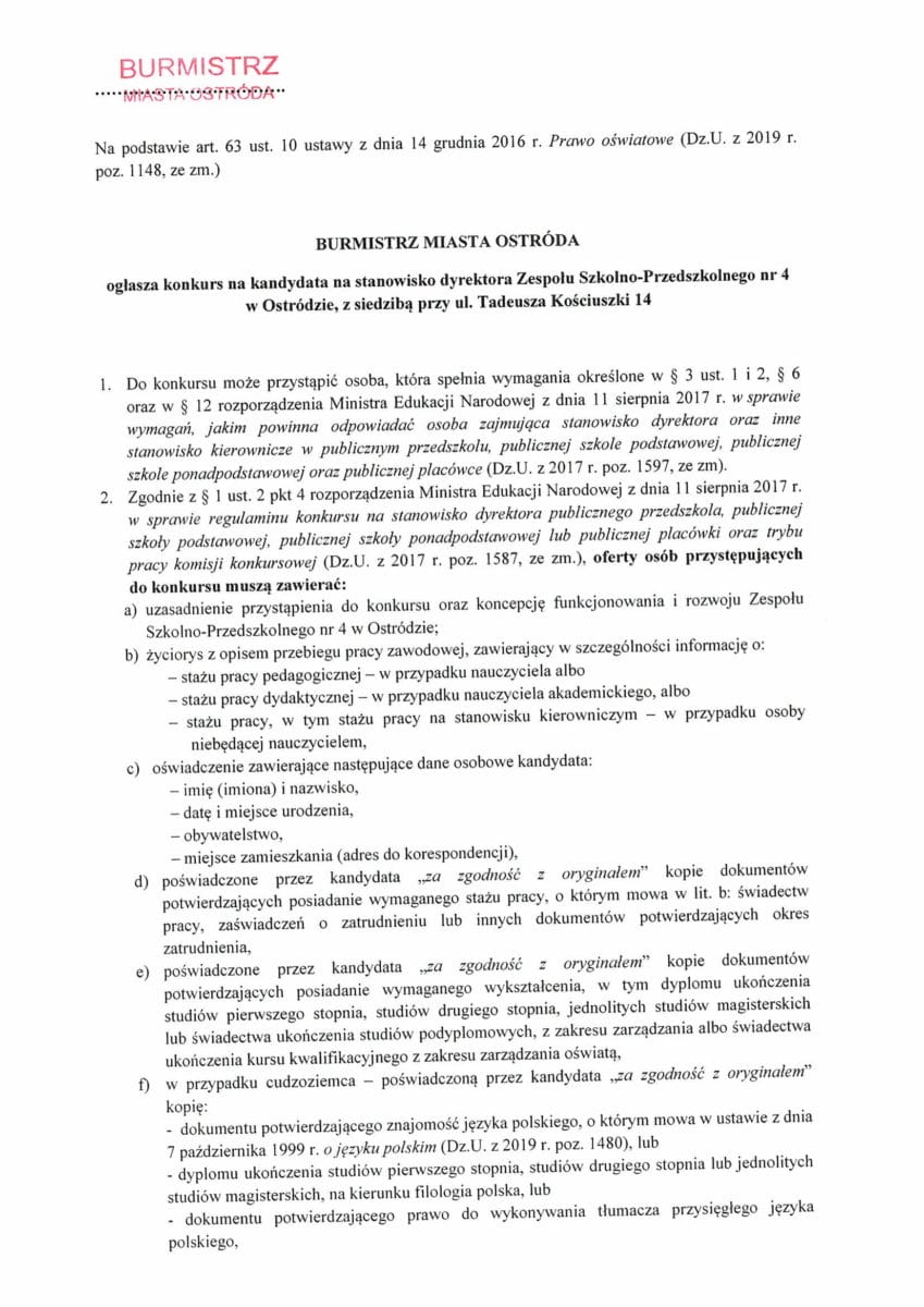 OGŁOSZONO KONKURS NA DYREKTORA ZESPOŁU SZKOLNO-PRZEDSZKOLNEGO NR 4 W OSTRÓDZIE 2 Ogloszenie 1 E1568013277874