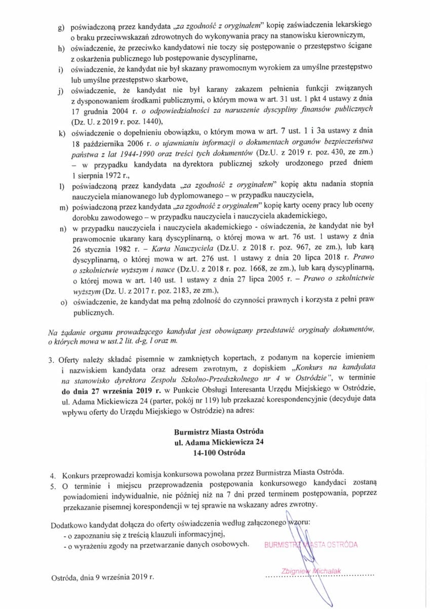 OGŁOSZONO KONKURS NA DYREKTORA ZESPOŁU SZKOLNO-PRZEDSZKOLNEGO NR 4 W OSTRÓDZIE 3 Ogloszenie 2 E1568013304609