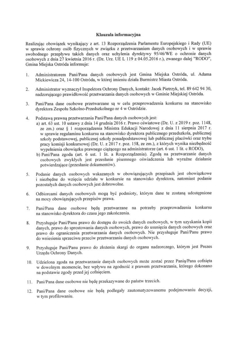 OGŁOSZONO KONKURS NA DYREKTORA ZESPOŁU SZKOLNO-PRZEDSZKOLNEGO NR 4 W OSTRÓDZIE 4 Ogloszenie 3 E1568013324705