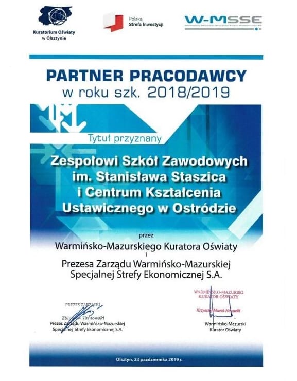 ZSZ IM. STASZICA W OSTRÓDZIE Z WYRÓŻNIENIEM "PARTNER PRACODAWCY" 3 Staszic 2