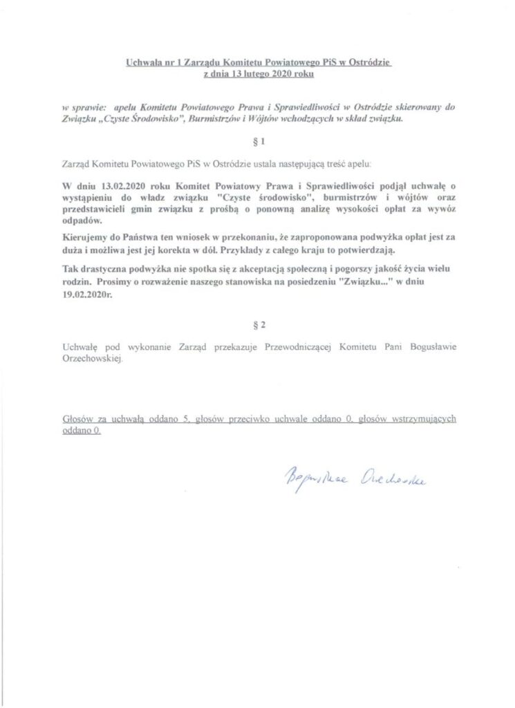 KOMITET POWIATOWY PIS W OSTRÓDZIE APELUJE O PONOWNĄ ANALIZĘ STAWEK WYWOZU ŚMIECI 2 Uchwała Pis Śmieci
