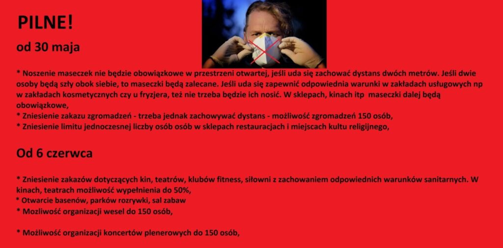 ZMIANY! BEZ MASECZEK, OTWARTE KINA, BASENY, SIŁOWNIE, WESELA I KONCERTY DO 150 OSÓB 13 nowe obostrzenia 1