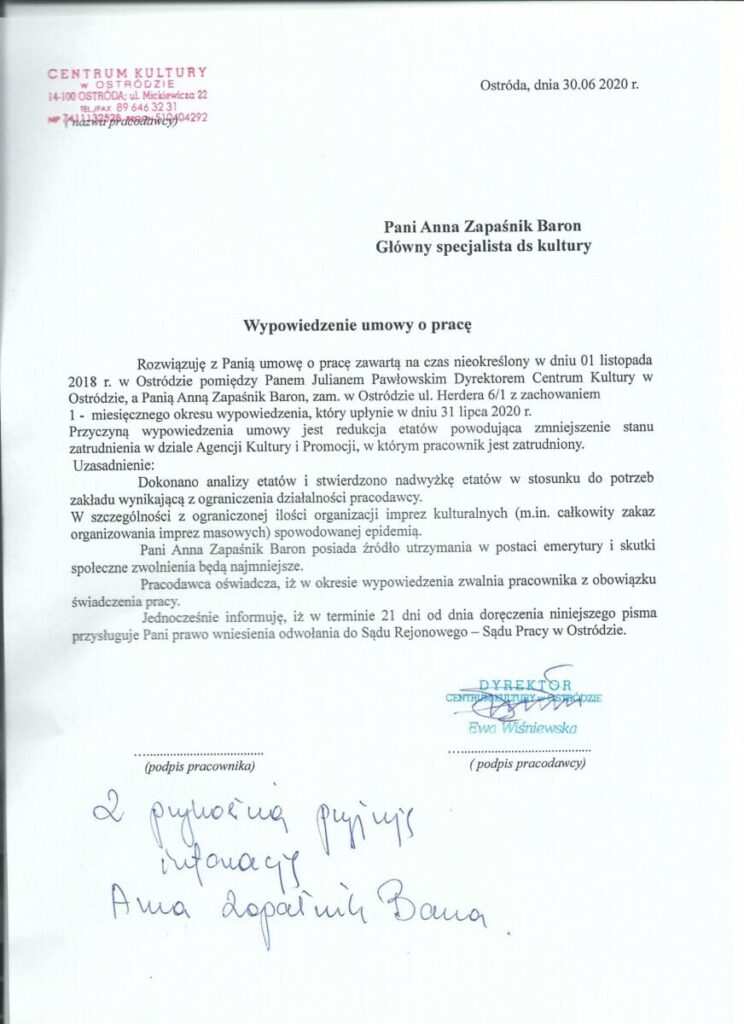 WYPOWIEDZENIE UMOWY O PRACĘ DLA ANNY ZAPAŚNIK BARON Z CENTRUM KULTURY 2 106552923 3152358941521590 6537796509438995048 O