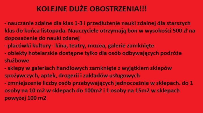 KOLEJNE OBOSTRZENIA! KLASY 1-3 NAUKA ZDALNA, ZAMKNIĘTA CZĘŚĆ SKLEPÓW W GALERIACH, KINA, TEATRY 1 Ogr2