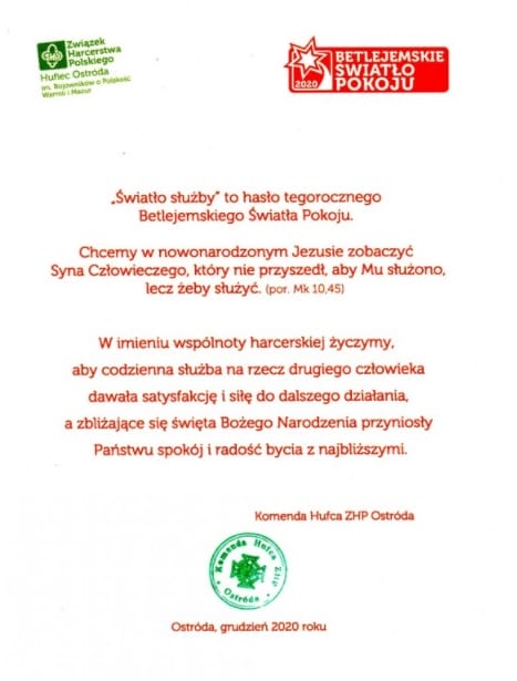 BETLEJEMSKIE ŚWIATŁO POKOJU DOTARŁO DO URZĘDÓW STAROSTWA I GMINY OSTRÓDA 6 Betlej4