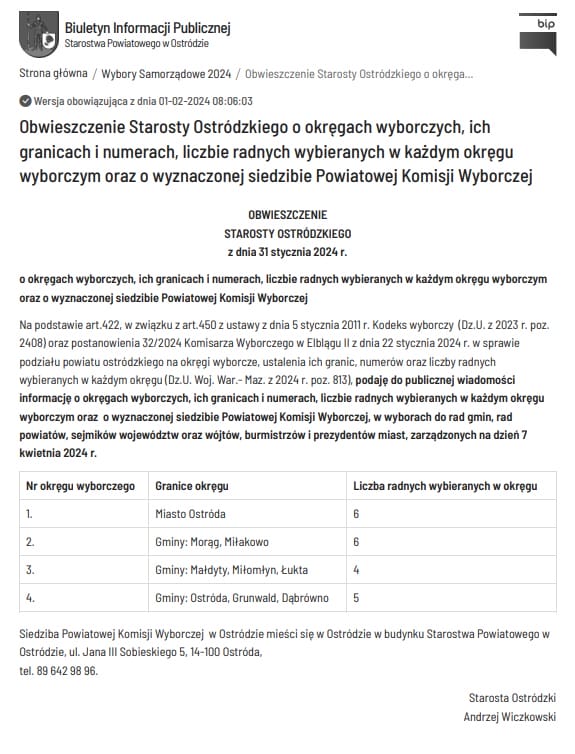 Wybory 2024: Zmniejszenie Liczby Radnych i okręgów w Powiecie Ostródzkim 3 Obwieszczenie Starosty Powiat Ostroda