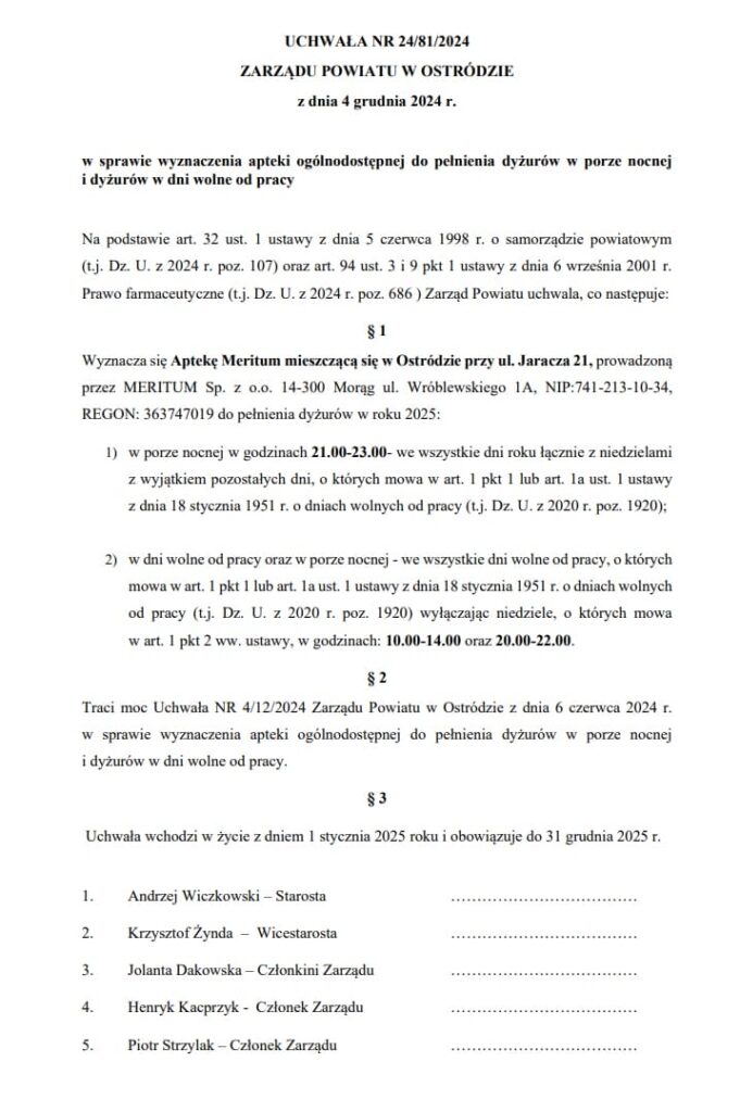 100 tys. mieszkańców powiatu ostródzkiego bez dostępu do całodobowej apteki 2 Uchwala Apteki 2025