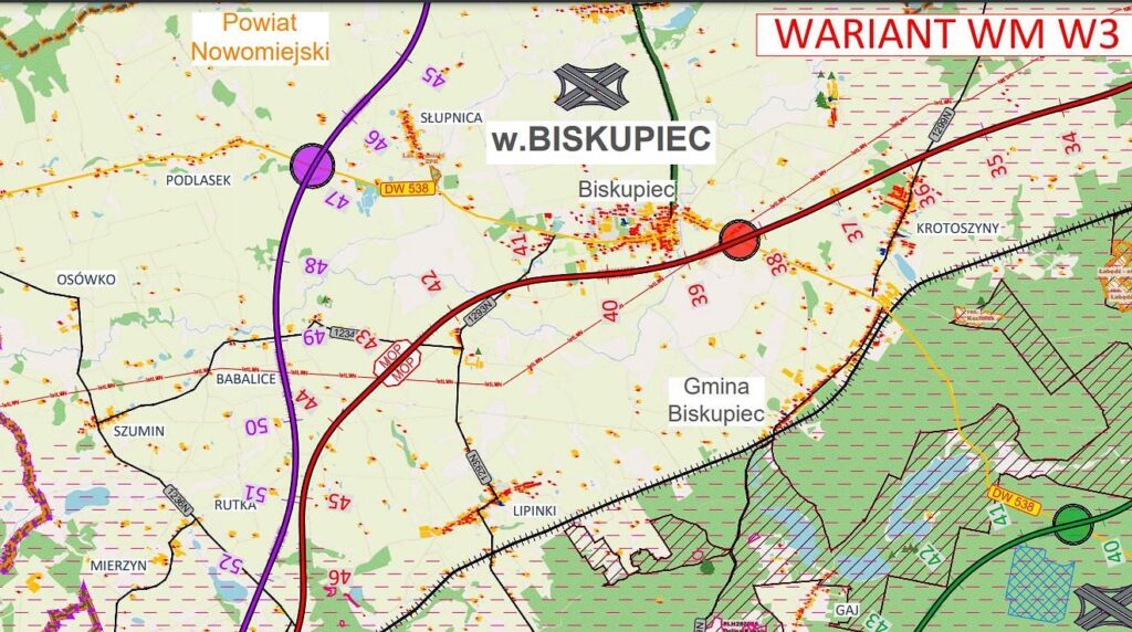 Jak dojdziemy do autostrady? Wojskowi wywrócili plany drogowców. Jest nowy wariant budowy ekspresowej piątki! 3 Skorygowany Wariant Wm W3