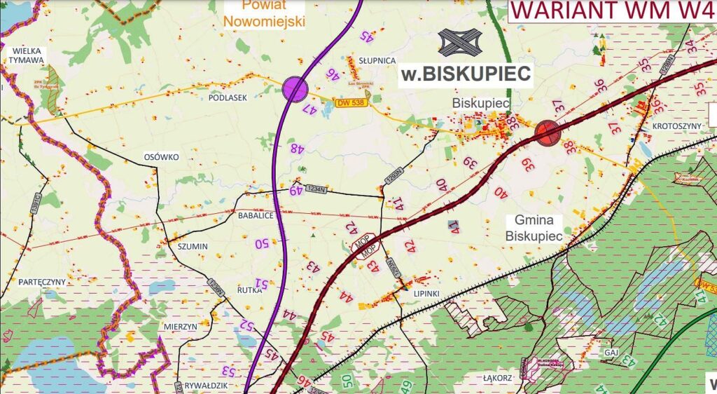 Jak dojdziemy do autostrady? Wojskowi wywrócili plany drogowców. Jest nowy wariant budowy ekspresowej piątki! 4 Wariant Wm W4