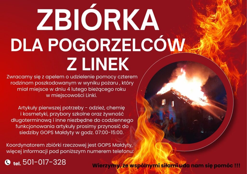 W obliczu tragedii otwórzmy serca na pomoc! Co potrzeba pogorzelcom z Linek w gminie Małdyty? 3 Linki Materialna