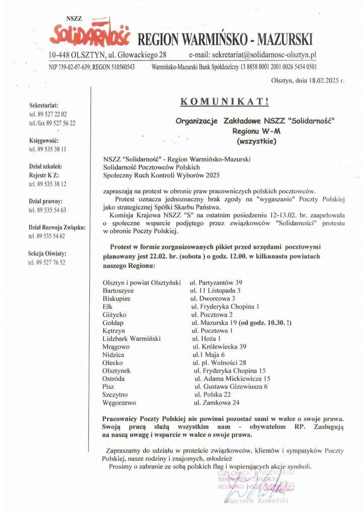 Poczta Polska protestuje! W sobotę wielka akcja w Ostródzie 2 Mszz Solidarnosc