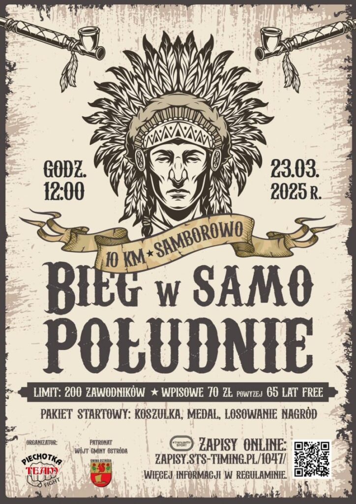 Ruszyły zapisy do 4. edycji Biegu w samo południe. W tym roku motyw indiański! 2 Plakat Samo Poludnie 2025
