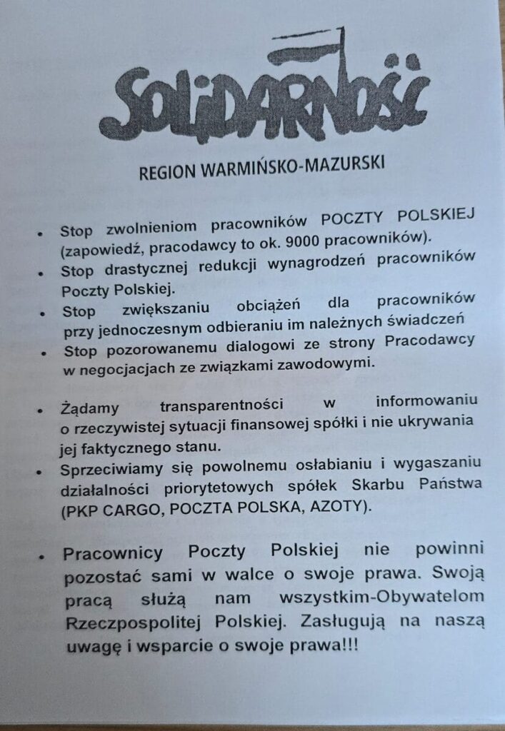 Protest pracowników Poczty Polskiej w Ostródzie – Solidarność walczy o prawa pracowników 10 Ulotka Protest Przed Posczta W Ostrodzie Str1