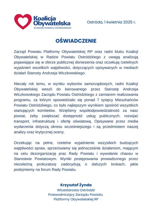 Oświadczenie Zarządu Powiatu Platformy Obywatelskiej w sprawie starosty Andrzeja Wiczkowskiego 14 Oswiadcznie Krzysztof Zynda