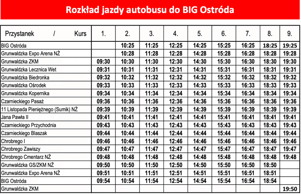 W tygodniu zielonym, w sobotę i niedzielę czerwonym – autobusy do Big Ostróda 4 Rozklad Jazdy Linia Big