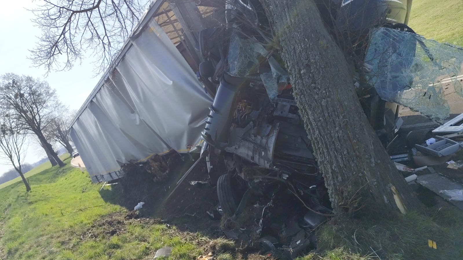 Wypadek na drodze wojewódzkiej 537. Ciężarówka uderzyła w drzewo 1 Wypadek Na Drodze Wojewódzkiej 537