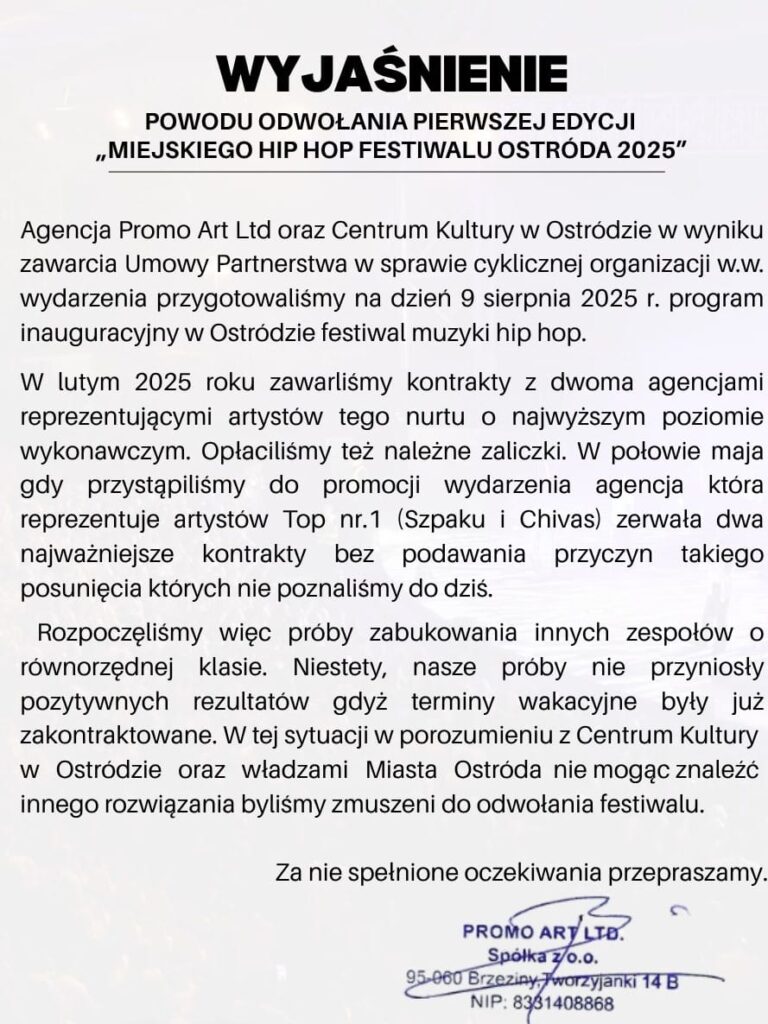 Hip Hop Festiwal Ostróda 2025 odwołany. Organizatorzy ujawniają powody decyzji 11 Oswiadczenie Hip Hop 2