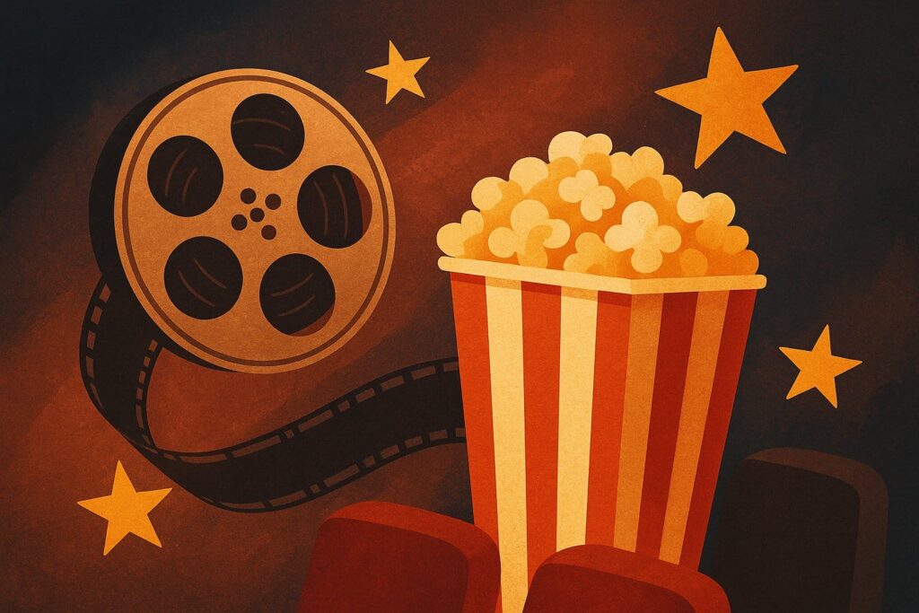 plakat kina z popcornem i taśmą filmową