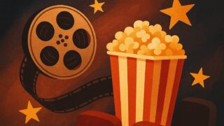 plakat kina z popcornem i taśmą filmową