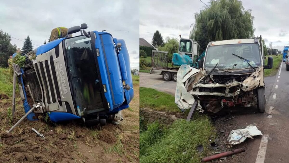 Zderzenie busa z ciężarówką. Ruch na krajówce zablokowany! 1 Zderzenie Busa Z Ciężarówką.