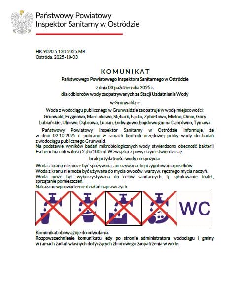 Skażona woda w gminie Grunwald. Sanepid ostrzega: nie nadaje się do picia! 3 Skażona Woda