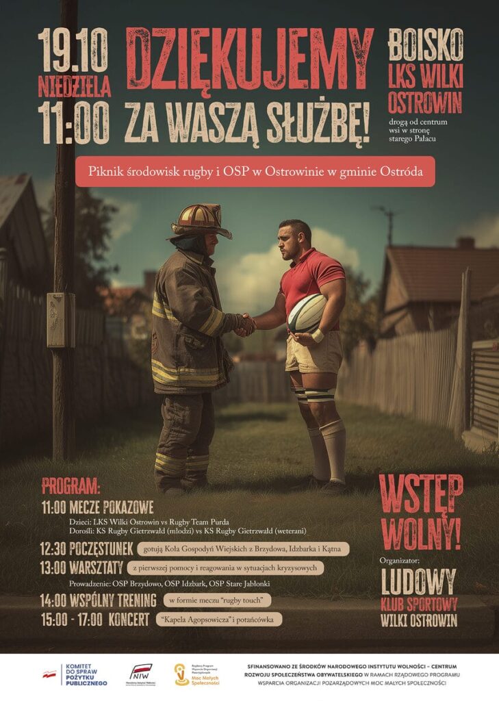 Wilki Ostrowin z grantem 50 000 zł! Nowe bramki, szatnie, sprzęt i wielki festyn z OSP 2 Grafika Promująca Klub Wilki Ostrowin Z Informacją O Dotacji 50 Tys. Zł I Festynie 19 Października W Ostrowinie – Rugby, Osp, Lokalna Społeczność