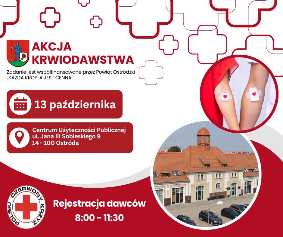 Krwiodawcy zaczynają październik. Jutro kolejna akcja - zaprasza PCK Ostróda 2 Krwiodawcy Zaczynają Październik. Jutro Kolejna Akcja - Zaprasza Pck Ostróda