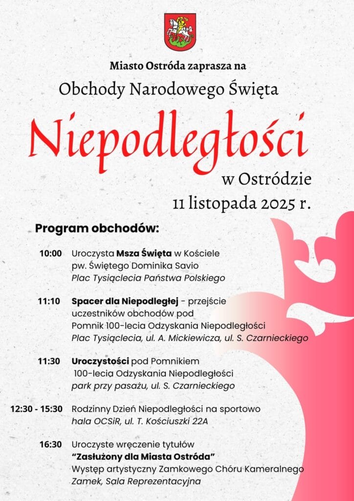 Narodowe Święto Niepodległości w Ostródzie 2025 – program miejskich obchodów 2 Narodowe Święto Niepodległości Ostróda