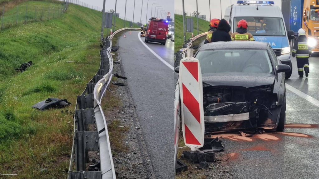 Kolizja na S7 na węźle Małdyty. Sprawca zahaczył o bariery i Jeepa