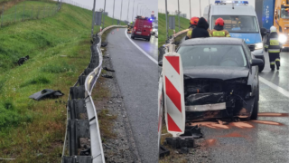 Kolizja na S7 na węźle Małdyty. Sprawca zahaczył o bariery i Jeepa