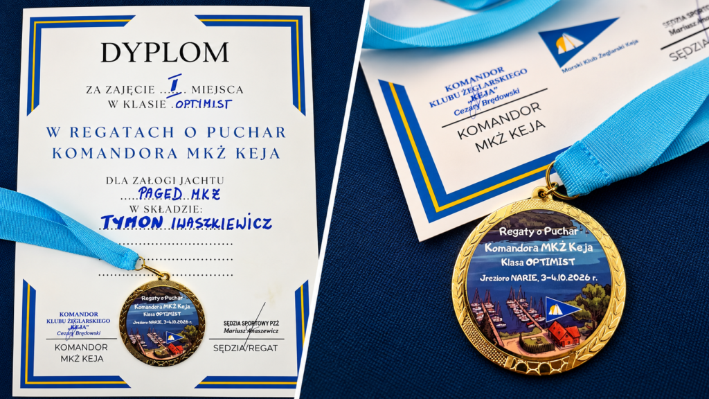 Dyplom I Złoty Medal, Który Zdobył Tymon Iwaszkiewicz Za Pierwsze Miejsce W Regatach Klasy Optimist Na Jeziorze Narie.